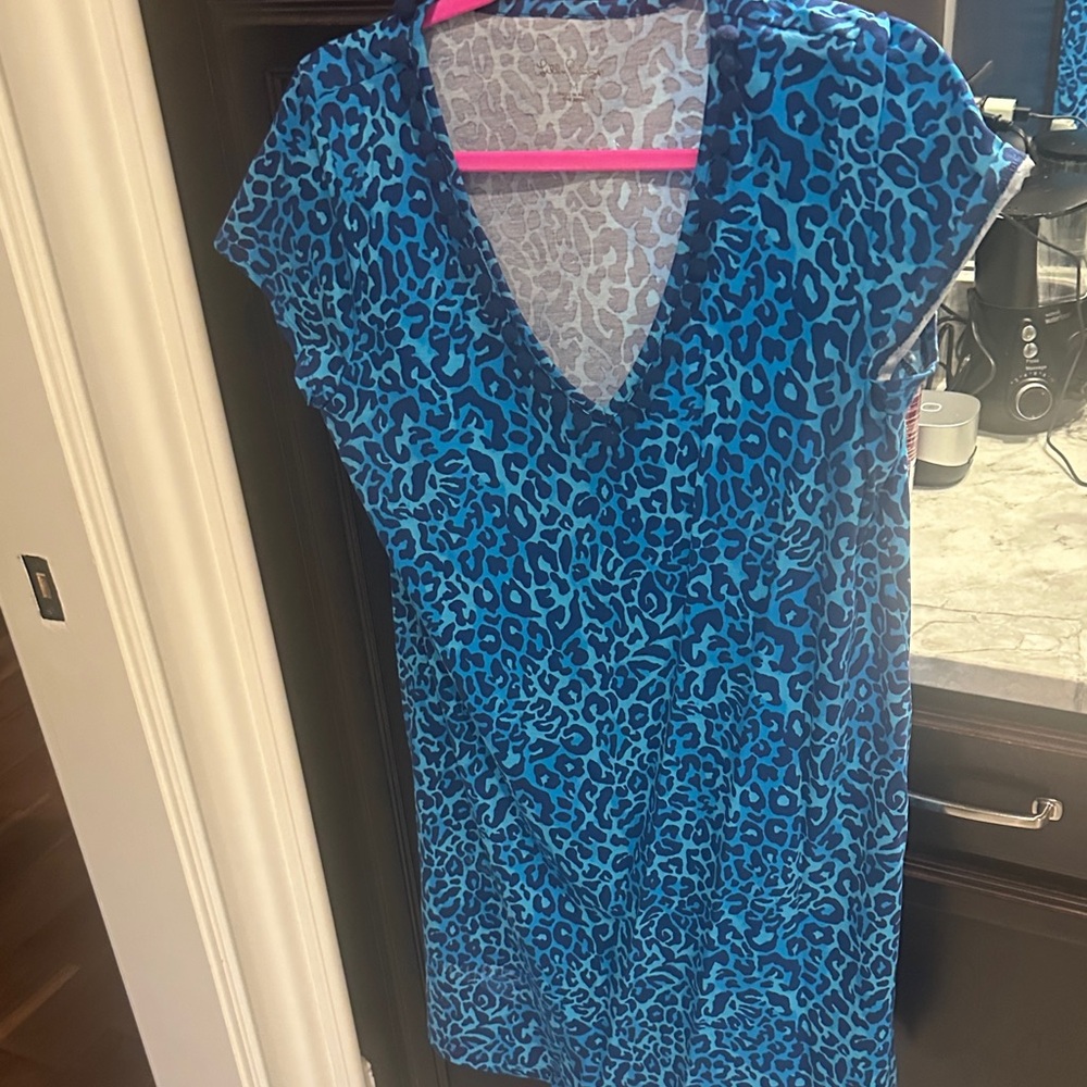 Lilly Pulitzer Blue Teal Leopard Print V-Neck Dress excellent condition